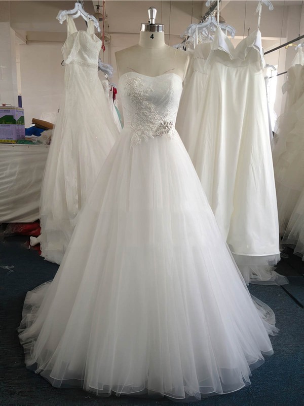 Sweetheart Pearl Detailing White Lace Tulle Court Train Wedding Dress #PWD00022020
