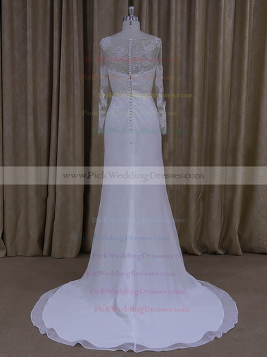 Sheath/Column White Chiffon Appliques Lace Long Sleeve Scoop Neck Wedding Dresses #PWD00022022