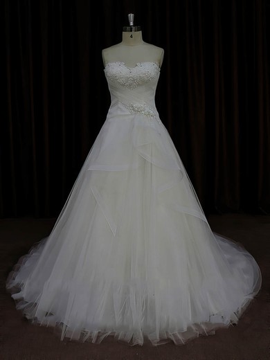 Designer Ivory Tulle Satin Appliques Lace Sweetheart Court Train Wedding Dress #PWD00022023