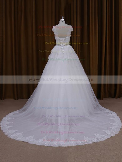 Court Train White Lace Tulle Beading Cap Straps A-line Wedding Dresses #PWD00022025
