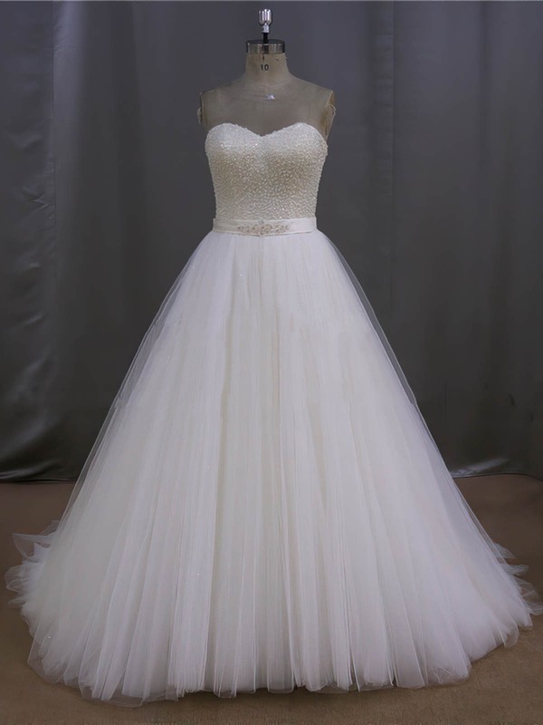 Ivory Tulle Sweetheart Pearl Detailing Lace-up Sweep Train Wedding Dress #PWD00022026