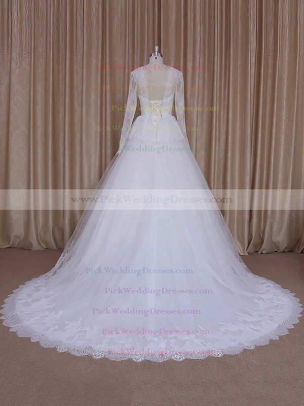 V-neck Appliques Lace Court Train Long Sleeve Ivory Lace Tulle Wedding Dresses #PWD00022027