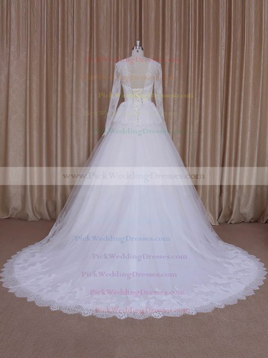 V-neck Appliques Lace Court Train Long Sleeve Ivory Lace Tulle Wedding Dresses #PWD00022027
