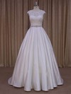 Ivory Satin Scoop Neck Lace-up Sweep Train Appliques Lace Wedding Dresses #PWD00022031