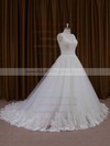 Modest Ivory Tulle Appliques Lace Chapel Train Ball Gown Wedding Dresses #PWD00022035