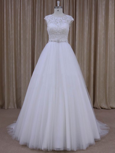 Open Back Scoop Neck Tulle Appliques Lace Cap Straps White Wedding Dresses #PWD00022036