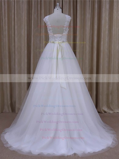 Open Back Scoop Neck Tulle Appliques Lace Cap Straps White Wedding Dresses #PWD00022036
