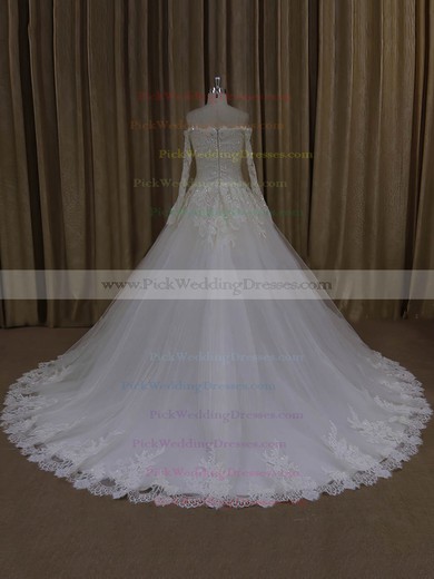 Elegant Off-the-shoulder Ivory Tulle Appliques Lace Long Sleeve Wedding Dresses #PWD00022037