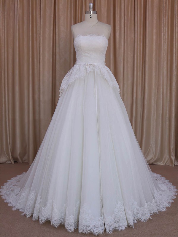 Princess Ivory Lace Tulle Sashes/Ribbons Strapless Pretty Wedding Dresses #PWD00022039