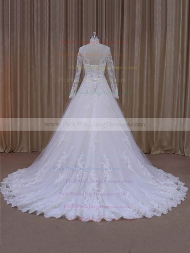 Fabulous Scalloped Neck Ivory Tulle Appliques Lace Long Sleeve Wedding Dresses #PWD00022040