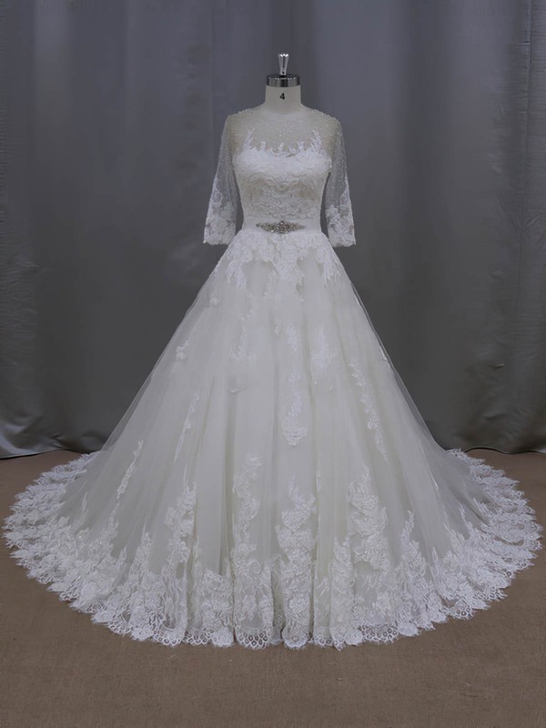 Ball Gown Scoop Neck Appliques Lace Ivory Tulle 3/4 Sleeve Wedding Dresses #PWD00022043
