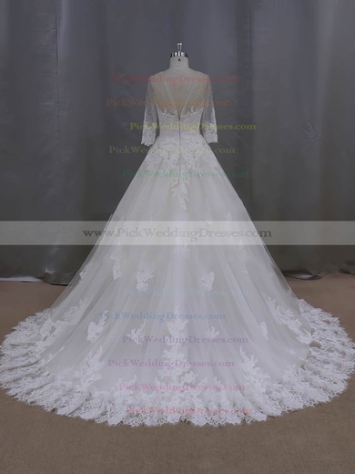 Ball Gown Scoop Neck Appliques Lace Ivory Tulle 3/4 Sleeve Wedding Dresses #PWD00022043