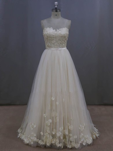 Tulle with Appliques Lace Ivory Sweep Train Lace-up New Arrival Wedding Dresses #PWD00022044