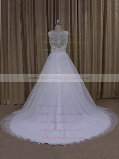 Scoop Neck Court Train Tulle Appliques Lace Ivory Popular Wedding Dresses #PWD00022048