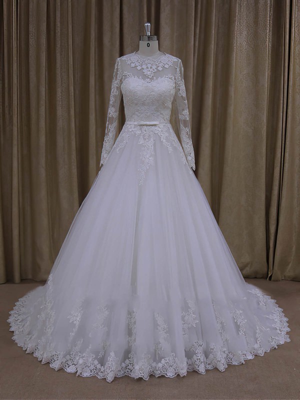Chapel Train Scoop Neck Tulle Appliques Lace Ivory Long Sleeve Wedding Dresses #PWD00022050
