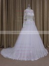 Chapel Train Scoop Neck Tulle Appliques Lace Ivory Long Sleeve Wedding Dresses #PWD00022050