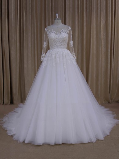 Long Sleeve Princes Ivory Tulle with Appliques Lace Gorgeous Wedding Dresses #PWD00022051