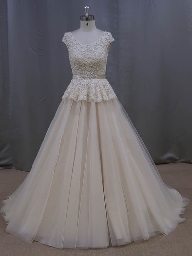 Scoop Neck Court Train Lace Tulle Sashes/Ribbons Graceful Champagne Wedding Dresses #PWD00022053