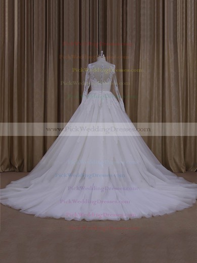 Tulle Appliques Lace Ball Gown Noble Ivory Long Sleeve Wedding Dresses #PWD00022054