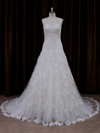 Online Sweetheart Tulle Appliques Lace Court Train Ivory Wedding Dresses #PWD00022057