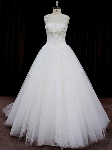 Court Train Ivory Tulle Appliques Lace Open Back Ball Gown Wedding Dresses #PWD00022058