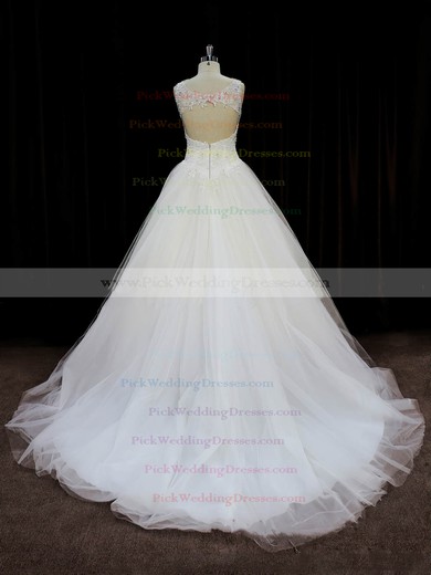 Court Train Ivory Tulle Appliques Lace Open Back Ball Gown Wedding Dresses #PWD00022058