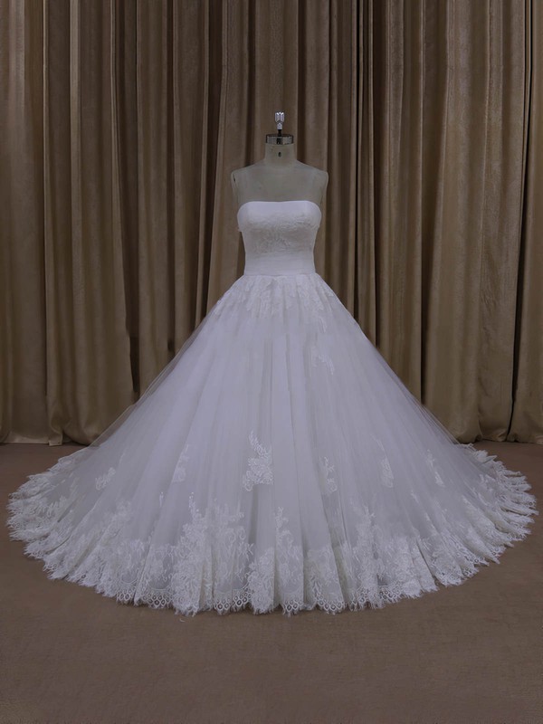 Discount Ball Gown Tulle Appliques Lace Ivory Strapless Wedding Dresses #PWD00022062