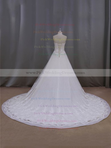 Chapel Train Ivory Lace Tulle Beading Affordable Strapless Wedding Dresses #PWD00022063