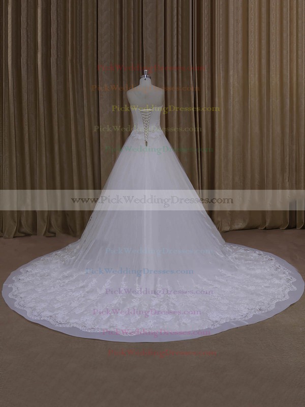 Elegant Strapless Ivory Tulle Appliques Lace Chapel Train Wedding Dresses #PWD00022065
