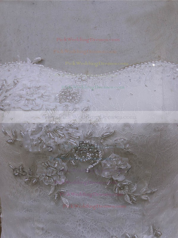 Elegant Strapless Ivory Tulle Appliques Lace Chapel Train Wedding Dresses #PWD00022065