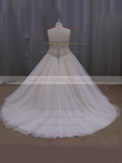 Sweetheart Tulle Crystal Detailing Court Train Fashion Champagne Wedding Dresses #PWD00022069