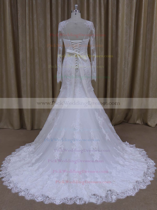White Tulle Trumpet/Mermaid with Appliques Lace Long Sleeve Wedding Dresses #PWD00022071