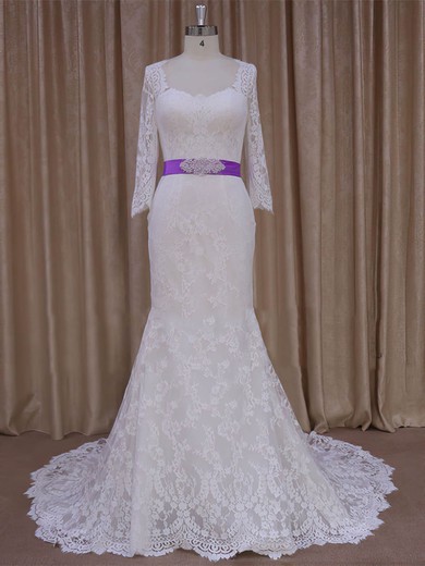 Lace with Sashes/Ribbons Ivory Trumpet/Mermaid Long Sleeve Wedding Dresses #PWD00022076