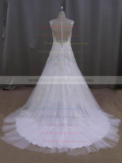 V-neck Ivory Tulle Appliques Lace Court Train Fashionable Wedding Dresses #PWD00022077