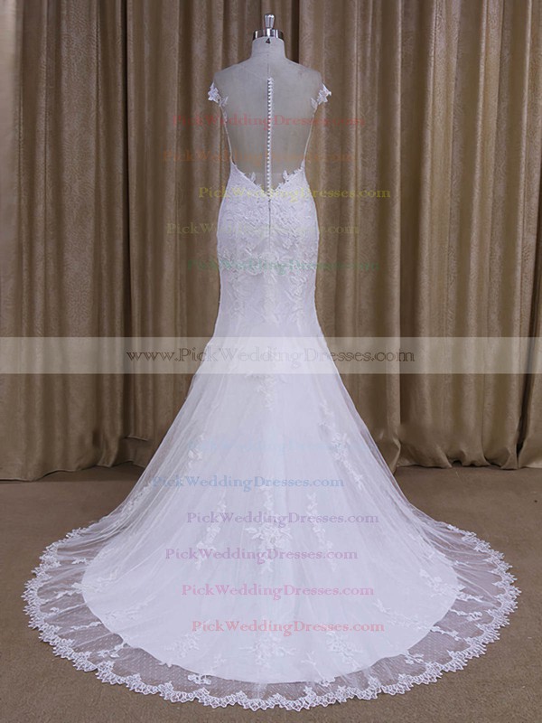 Trendy Scoop Neck Tulle Appliques Lace Trumpet/Mermaid White Wedding Dresses #PWD00022080