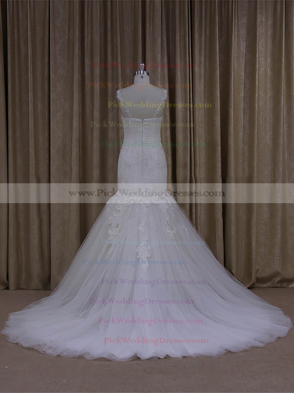 Ivory Tulle Sweep Train Appliques Lace Popular Trumpet/Mermaid Wedding Dresses #PWD00022081