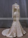 Luxurious Trumpet/Mermaid Scoop Neck Champagne Lace Satin Long Sleeve Wedding Dresses #PWD00022083