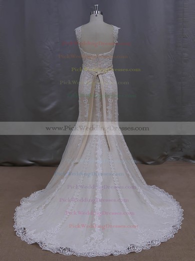Noble V-neck Ivory Lace Tulle Sashes/Ribbons Trumpet/Mermaid Wedding Dresses #PWD00022085