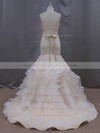 Champagne Court Train Tiered Lace Tulle Trumpet/Mermaid Classic Wedding Dresses #PWD00022086