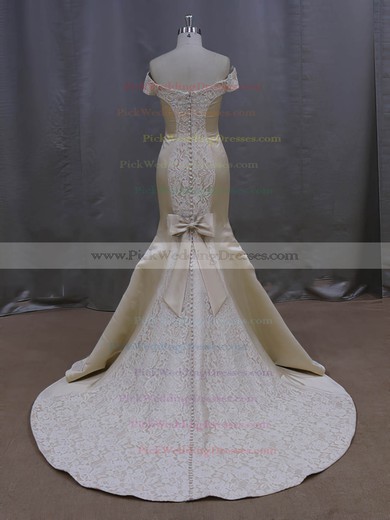 Lace Satin Bow Court Train Modern Champagne Off-the-shoulder Wedding Dresses #PWD00022087