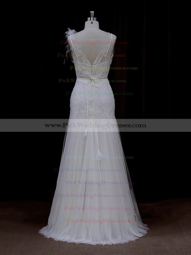 Sheath/Column Tulle Appliques Lace V-neck Online Ivory Wedding Dresses #PWD00022088