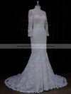 Long Sleeve V-neck Ivory Lace with Buttons Trumpet/Mermaid Wedding Dresses #PWD00022089