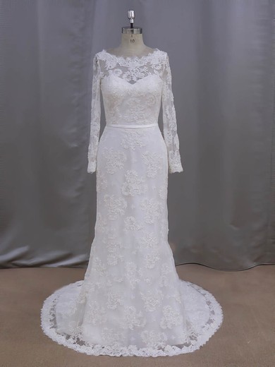 Sheath/Column Lace with Sequins Ivory Court Train Long Sleeve Wedding Dresses #PWD00022090