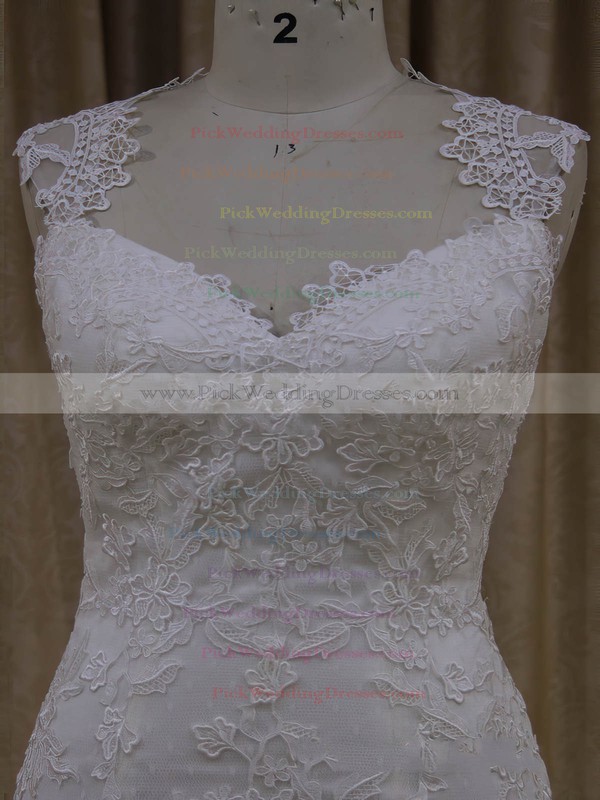 Ivory V-neck Tulle Appliques Lace Vintage Trumpet/Mermaid Wedding Dresses #PWD00022092