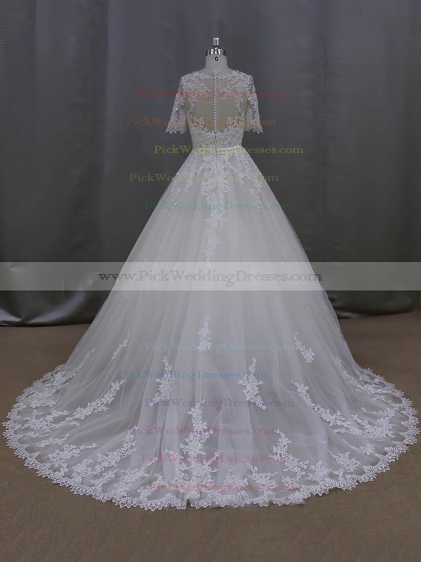 Elegant Scoop Neck Tulle Appliques Lace 1/2 Sleeve Ball Gown Wedding Dresses #PWD00022093