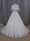 Elegant Scoop Neck Tulle Appliques Lace 1/2 Sleeve Ball Gown Wedding Dresses #PWD00022093