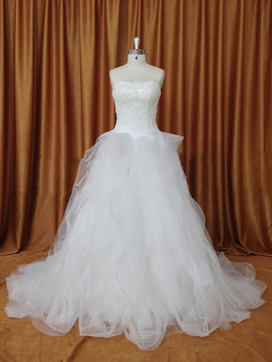 Strapless Tulle Chapel Train Appliques Lace Ivory Fabulous Wedding Dresses #PWD00022094
