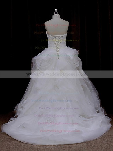 Court Train Ruffles Tulle Ivory Lace-up Princess Designer Wedding Dresses #PWD00022095