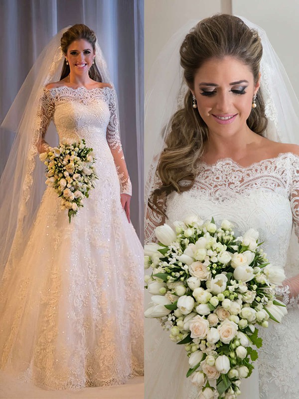 Off-the-shoulder Lace Tulle Appliques Lace Long Sleeve Sweep Train Wedding Dresses #PWD00022499