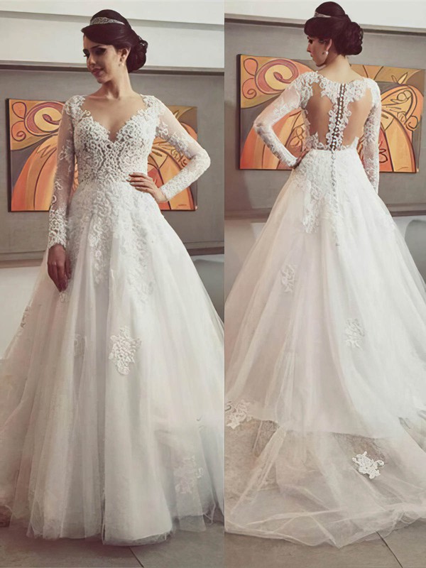 Princess Ivory Tulle Appliques Lace Long Sleeve V-neck Wedding Dresses #PWD00022500